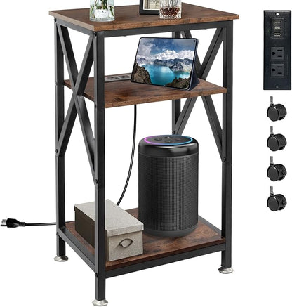 TooCust 3 Tier End Table with Charging Station, 16" W x 12" D x 28" H, Metal and Brown Bedside Table with USB Ports and Outlets, X-Shaped Side Table with Wheels for Living Room, Bedroom, Kitchen