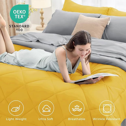 HEVUMYI King Comforter Set - 7-Piece All Season Bed in a Bag King, Ultra Soft Bedding Set with Comforter, Flat Sheet, Fitted Sheet, Pillowcases, Pillow Shams, Yellow & Light Grey