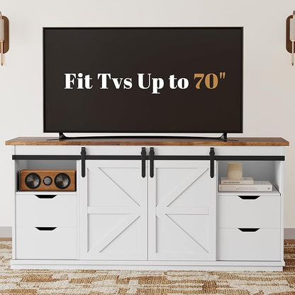 YESHOMY TV Stand for Televisions up to 65 Inchs, with Sliding Barn Doors and 4 Storage Drawers, Console Table and Media Furniture for Living Room, 58 Inch, Milk White