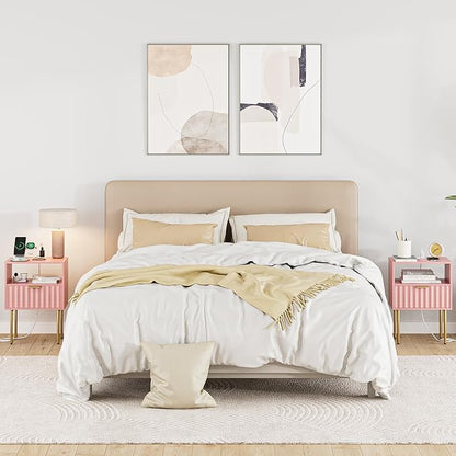 Masupu Nightstand with Charging Station,Mid-Century Modern Bedside Table with Storage Drawer and Open Wood Shelf,Small Gold Frame Side Table for Bedroom,Living Room (Pink Fluted)