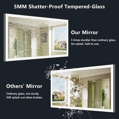 66x40 Inch LED Bathroom Mirror with Lights (Front Lit and Backlit) Black Framed Lighted Vanity Mirror for Bathroom Wall Dimmable Anti-Fog Memory Tempered Glass Horizontal/Vertical
