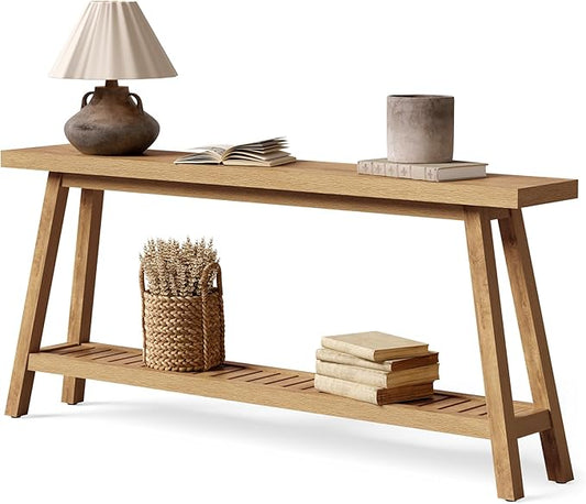 LITTLE TREE 70.9 Inches Extra Long Console Table for Entryway, 2-Tier Narrow Wood Sofa Table Behind Couch, Large Sofa Table for Living Room, Light Brown Hallway Entry Table with Storage