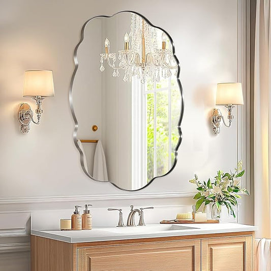 ANDY STAR Brushed Nickel Bathroom Mirror, 24x32 Inch Silver Asymmetrical Wall Mirror, Oval Bathroom Vanity Mirror, Unique Irregular Wall Mirror with Sophisticated Curved Design