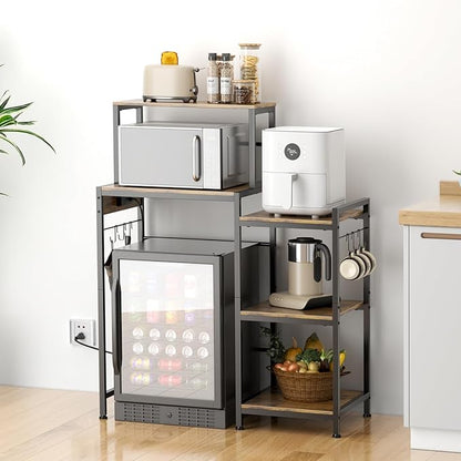 Mini Fridge Cabinet with Storage Shelves, Microwave Stand with Power Outlet, Coffee Bar Cabinet with Mini Fridge Space, Utility Storage Shelf for Home Kitchen Dorm Office