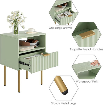 Nightstand,Modern Bedside Table with Gold Frame,Green Night Stand,Bedside Furniture, Modern Side Table with Drawer and Shelf for Bedroom,Living Room (Green)