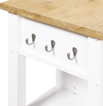 OSP Home Furnishings Derry Modern Farmhouse Kitchen Cart with Natural Butcher Block Top, Rolling Storage Cabinet with Drawer, Shelves, Hooks, White Finish