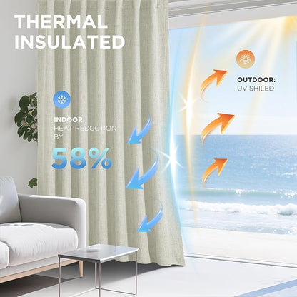 Joydeco 100% Blackout Curtains for Bedroom - Natural Linen Curtains 42" W x 84" L Long, Thermal Insulated 2 Panels Light Beige. Room Darkening Light Blocking Drapes for Living Room