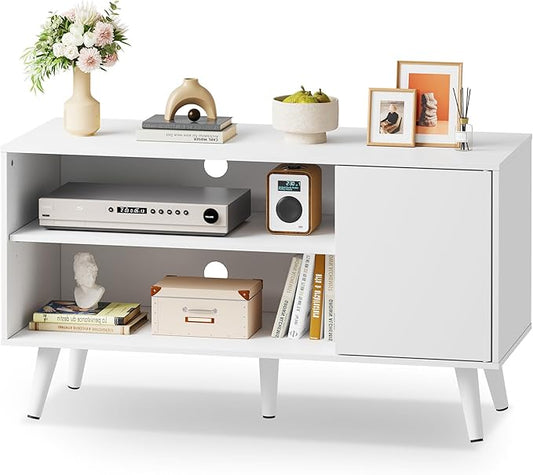 WLIVE TV Stand for 43 Inch TV, Small Entertainment Center with Storage Cabinet & Adjustable Shelves, Mid-Century Modern TV Stands for Living Room and Bedroom, TV Console Suit 32 Inch TV, White