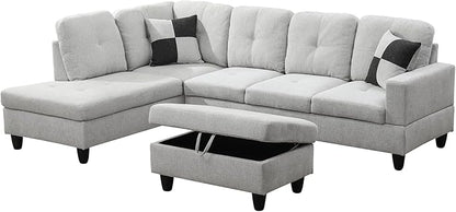 L Shaped Couch Modern Sectional Couch Upholstered Flannel Fabric 3 Pieces Sofas for Living Room with Chaise, Storage Ottoman for Office and Small Apartment, Light Grey