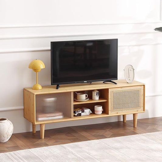 Welnow Rattan TV Stand for Up to 55 Inch, Mid Century Modern Bamboo Entertainment Center with 2 Cabinets & Adjustable Shelf, Storage Media Console Table for Living Room, Bedroom, Natural