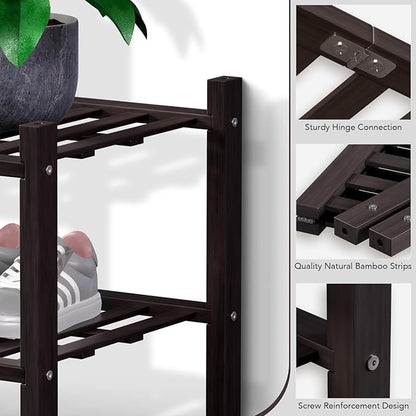 Haddockway Large 2 Tier Bamboo Shoe Rack Storage Organizer, Multifunctional Free Standing Stackable Shoe Shelf with Grid Panel for Closet,Hallway,Entryway,Small Space 27"x12"x14"(Brown, 2-Tier(Large))