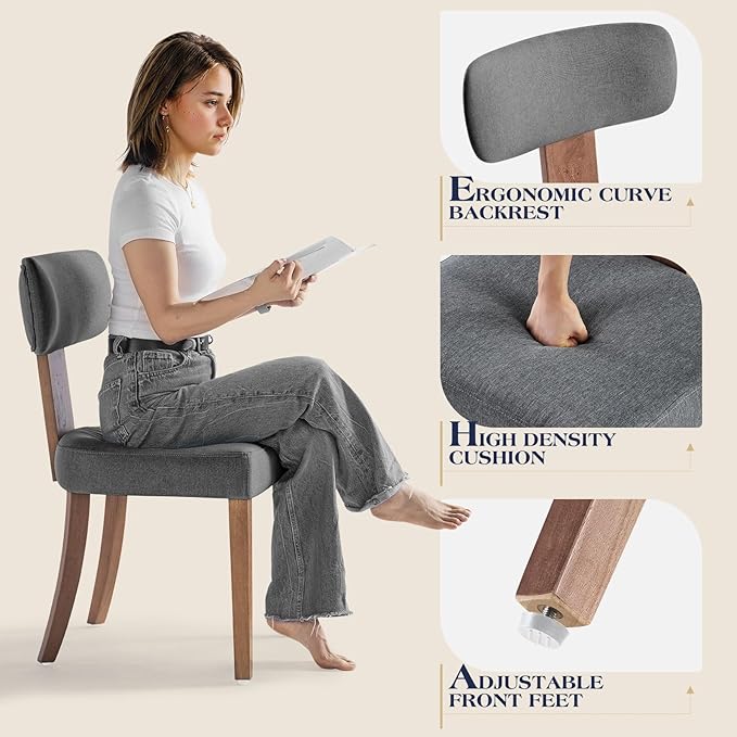 Mid Century Modern Dining Chairs Set of 2, Linen Upholstered Kitchen Chairs with Curved Backrest & Adjustable Legs for Living Room/Bedroom/Lounge, Easy to Install, Grey Linen
