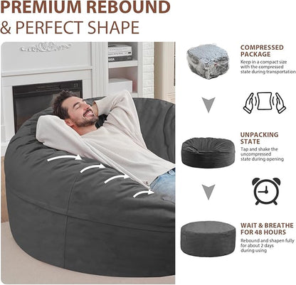 6FT Bean Bag Chair, Large Bean Bag Chairs with Memory Foam Filled, Fluffy Beanbag Sofa with Dutch Velvet Cover, Round BeanBag Chairs for Living Room, Playroom - Grey