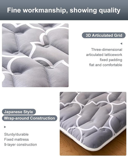 6th Generation Japanese Floor Futon Mattress - Extra-Thick 9-Layer Modern Futon with 100% High-Density Foam, Portable Floor Mattress Sleeping Pad for Adults, Guest Room, Dormitory, Queen Size(60"X80")