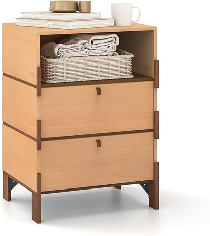 Sebastack End Table, Customizable 3 Drawers Bedside Table, Night Stand, Side Table for Bedroom, Dormitory, Mid-Century Style Wood Chest of Furnitures, 27.8 inch Tall Beech Color