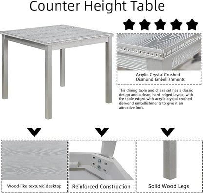 Dining Table Set for 4, 5-Piece Dining Room Table Set with Square Crystal Decoration Table & 4 Upholstered Backrest Chairs, Counter Height Kitchen Sets with Faux Wood Grain Design, Grey