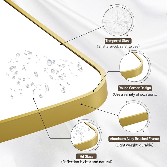 Matte Gold Mirror, 30x36 Inch Brushed Gold Mirror, Aluminum Alloy Framed Vanity Mirror, Rounded Rectangle Bathroom Mirror for Over Sink, Anti-Rust Wall Mirror (Horizontally or Vertically)
