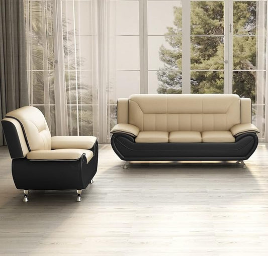Container Furniture Direct Michael Modern Faux Leather Upholstered Stainless Steel Legs Living Room Sofa, Chair, Camel/Black