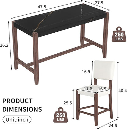 Ball & Cast 5-Piece Dining Table Set for 4,Kitchen Table Set W/Faux Marble Bar Table,Counter Height Living Room Furniture W/ 4 Upholstered Chairs,for Dining Room,Pub Kitchen,Small Place,Black+Beige