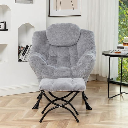 Lazy Chair with Ottoman, Modern Accent Lounge Leisure Sofa with Armrests, Reading Chair and Folding Footstool for Living Room, Bedroom, Office, Plush Grey