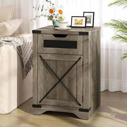 Farmhouse End Table with Charging Station, 26.4" Tall Rustic Nightstand with Drawer and X Barn Door, Country Bedside Sofa Side Table for Living Room, Grey