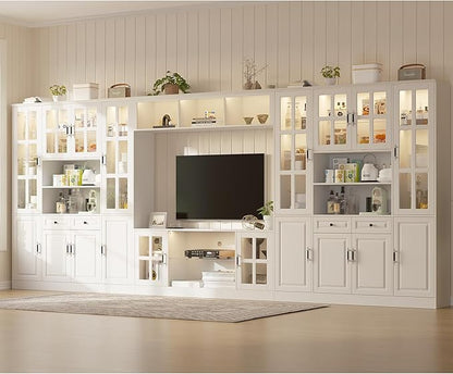 4-Piece Wall Unit TV Stand with Storage & LED Lights for TVs up to 75", Modern Entertainment Center with Bookshelves & 8-Door Pantry Cabinet, White