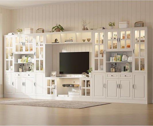 4-Piece Wall Unit TV Stand with Storage & LED Lights for TVs up to 75", Modern Entertainment Center with Bookshelves & 8-Door Pantry Cabinet, White
