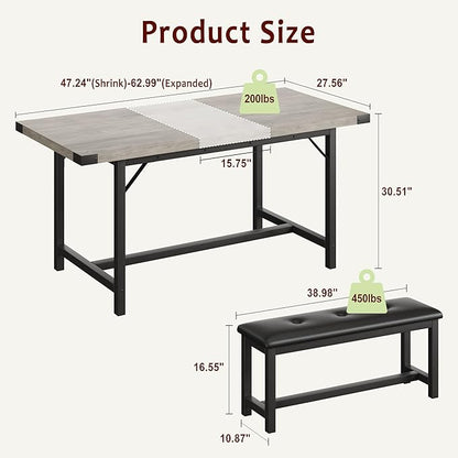 3-Piece Dining Table Set for 4-6 People, Extendable Kitchen Table Set with 2 Upholstered Benches, Dining Room Table Set for Apartment, Kitchen, Living Room, Gray