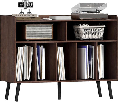 ChooChoo Record Player Stand, Turntable Stand with Vinyl Storage, Record Player Cabinet Up to 350 Albums, Cube Storage Organizer for Living Room, Walnut