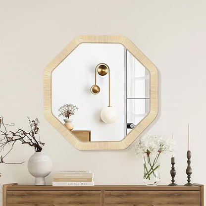 ULIKE Rattan Mirror for Wall, Bathroom 24 Inch Rustic Farmhouse Wall Decor with Handmade Wicker Frame, Boho Woven Mirror for Nursery Bedroom Living Room Entryway