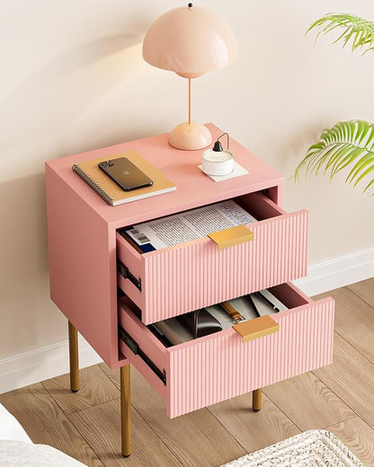 Nightstand,Morden Bedside Table with Gold Frame,Small White Night Stand,End Table,Bedside Furniture,Side Table with Drawer and Shelf for Bedroom,Living Room (2Drawers, Pink)