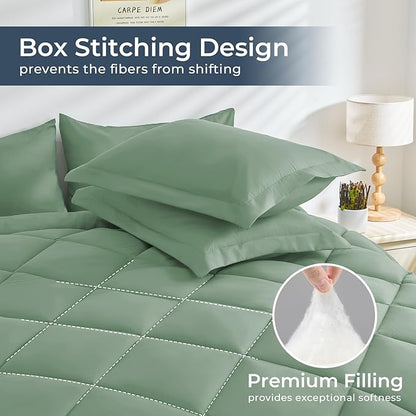 HEVUMYI Light Green Cali-King Comforter Set - 7-Piece All Season Bed in a Bag Cali-King, Ultra Soft Bedding Set with Comforter, Flat Sheet, Fitted Sheet, Pillowcases, Pillow Shams