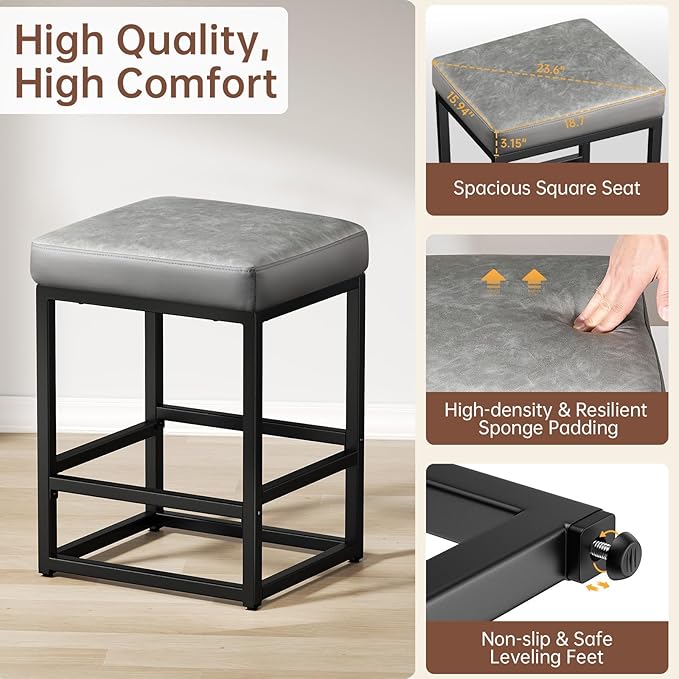 Counter Height Bar Stools Set of 2, 24" Barstools for Kitchen Countertop, Faux Leather Counter Stools with Thick Square Seats & Sturdy Metal Base, Simple Assembly, Gray