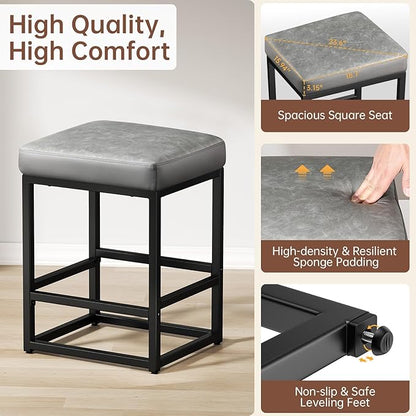Counter Height Bar Stools Set of 2, 24" Barstools for Kitchen Countertop, Faux Leather Counter Stools with Thick Square Seats & Sturdy Metal Base, Simple Assembly, Gray
