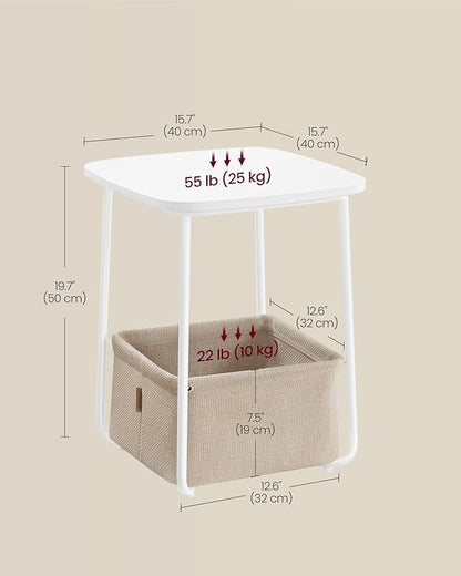 VASAGLE End Table, Side Table with Fabric Basket, Modern Nightstand, Square Bedside Table, for Living Room, Bedroom, Matte White and Camel Brown ULET229W10