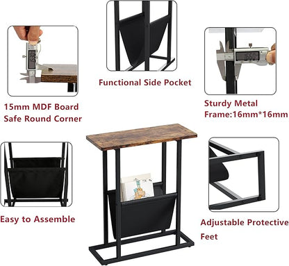 Yusong Small Narrow Side Table for Small Spaces, 17.7" W Slim End Table Magazine Table Nightstand with Storage Holder, Accent Skinny Snack Couch Bedside Table, Rustic Brown, Complete Iron Pipes