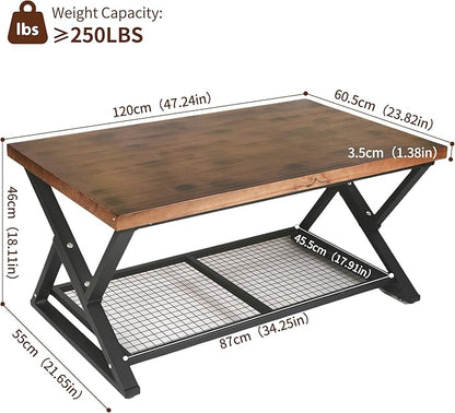 EASYSOUL Coffee Table with Storage Shelf, Solid Wood Top with Black Metal X-Frame, 39.37" D x 23.62" W x 18.11" H, Mid Century Modern Center Coffee Tables for Living Room with 2 Tier (Brow, 47.24")