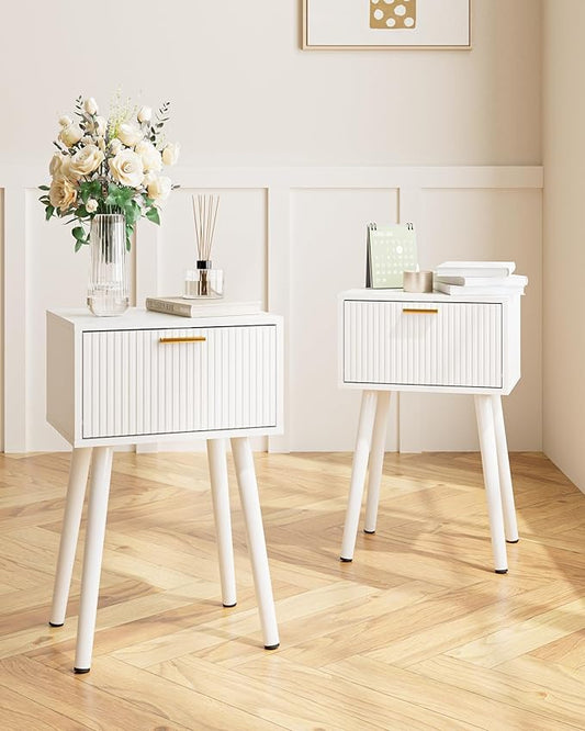 Night Stand Set 2, White Nightstand with Fluted Doors, Small Modern Mid-Century Bedside Table for Bedroom, End Table for Living Room