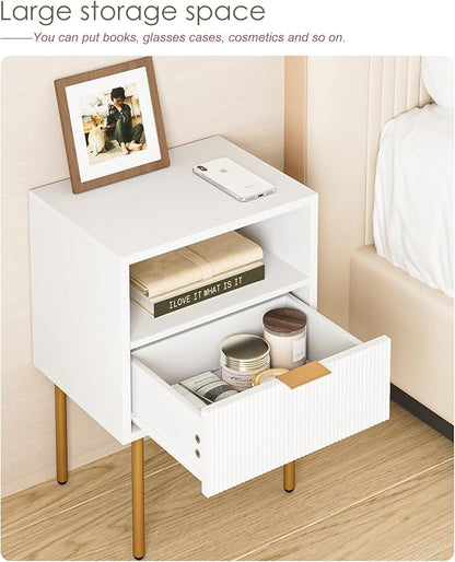 Nightstand,Morden Bedside Table with Gold Frame,Small White Night Stand,End Table,Bedside Furniture,Side Table with Drawer and Shelf for Bedroom,Living Room (1Drawer, White)