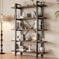 Industrial Bookshelf with 5 Shelves, Solid Wood core Bookcase,Walnut Wood and Black Metal Frame, Large Open Storage Display Unit (Dark Walnut, 5 Tiers)