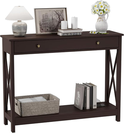 Treocho Black Console Table with Drawer and Storage Shelves, Foyer Sofa Table Narrow for Entryway, Living Room, Hallway
