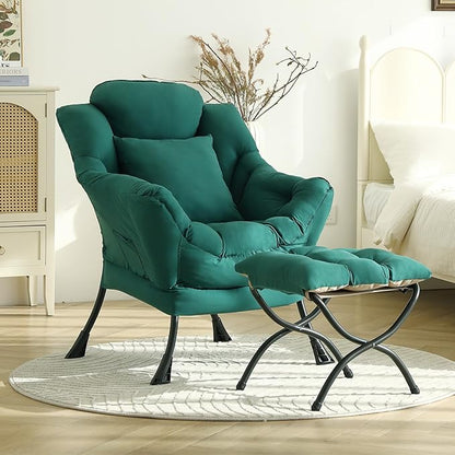 Lazy Chair with Ottoman, Modern Lounge Armchair with a Pillow, Leisure Sofa Armchair Set, Reading Chair with Footrest for Living Room, Bedroom, Office, Dorm Room, Peach Green