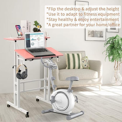 Hadulcet Mobile Standing Desk with Charging Station, Adjustable Standing Computer Desk, Standing Adjustable Laptop Cart with Wheels for Home Office Classroom, Pink