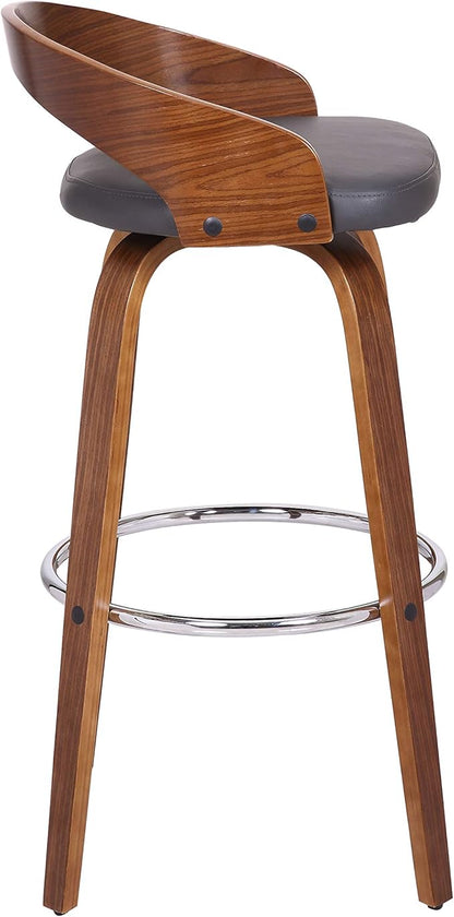 Armen Living Sonia 30" Bar Height Swivel Gray Faux Leather and Walnut Wood Bar Stool