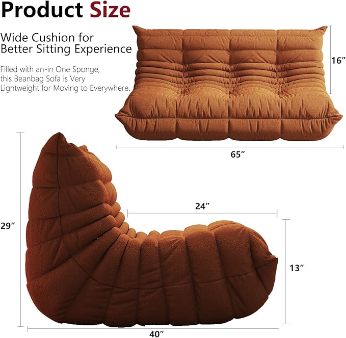Bean Bag Chairs for Adults, BeanBag Reading Chair Memory Foam Couch 3-Seater, Floor Chair Soft Teddy Material, Comfy Reading Nook Chairs for Bedroom Living Room Office (Orange)