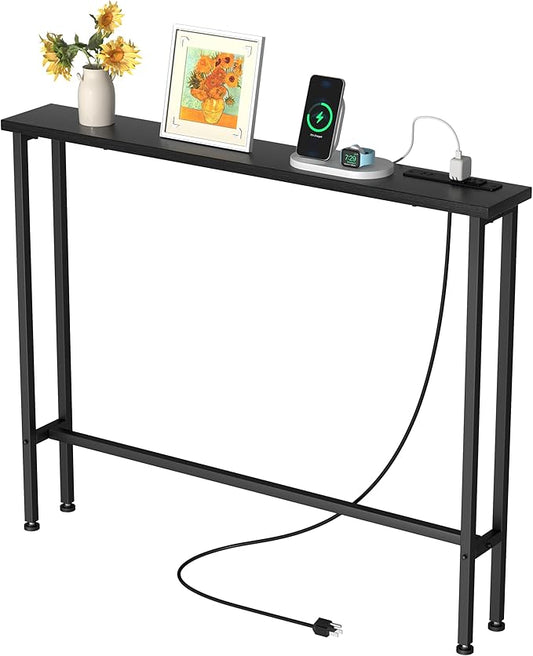 GRLEAF 39" Narrow Console Sofa Table with Built-in Power Strip (4 AC Outlets & 4 USB Ports) – 4.9ft Power Cord, Metal Frame, Easy Assembly, Ideal for Behind Couch, Hallway, and Home Office | Black