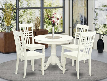 East West Furniture ANLG5-LWH-W 5 Piece Dining Table Set for 4 Includes a Round Kitchen Table with Pedestal and 4 Kitchen Dining Chairs, 36x36 Inch, Linen White