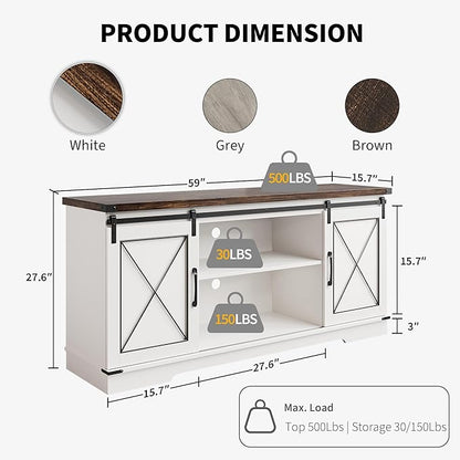 IDEALHOUSE Farmhouse TV Stand and Entertainment Center for Tv up to 65 inches with Sliding Barn Doors, Tv Media Console Table with Storage Cabinet for Living Room, White & Brown