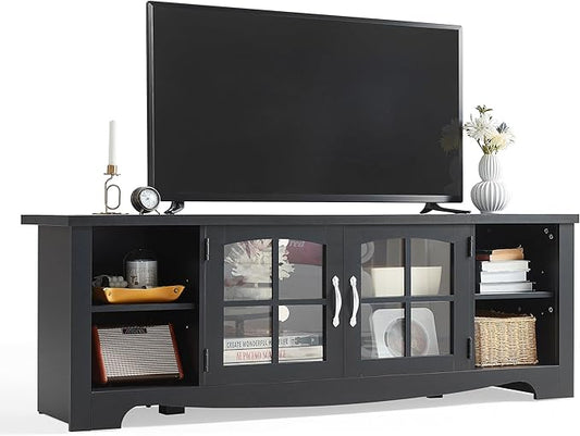 LINSY HOME TV Stand for 75 Inch TV, Modern Farmhouse Entertainment Center with Storage Cabinets and Glass Doors, Tall Media Console Table for Living Room, Bedroom, Large Long Television Stand, Black