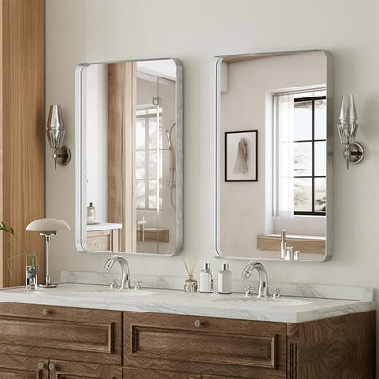 Bathroom Mirror 20x30 inch, Silver Gorgeous Deep Frame Wall Mirror, Modern Round Corner Bathroom Vanity Mirror for Bedroom, Living Room, Hanging or Leaning Horizontal or Vertical, Silver